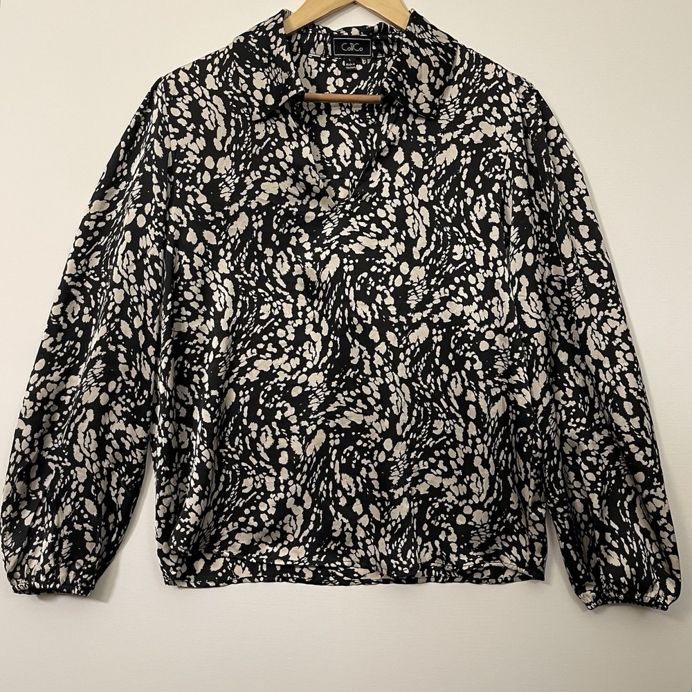CoTilCo Patterned Satin Shirt Blouse Pull On Collar Black Beige Office Size L